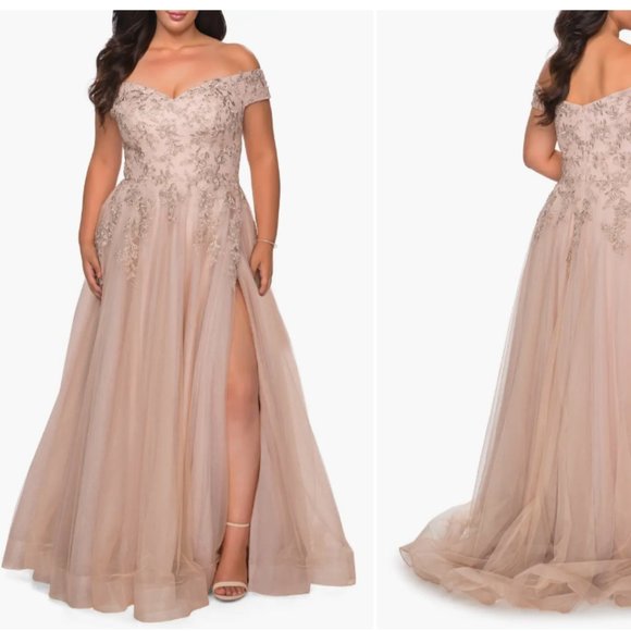 LA FEMME LACE & TULLE OFF THE SHOULDER CHAMPAGNE THIGH SLIT GOWN sz 22 - Picture 1 of 6